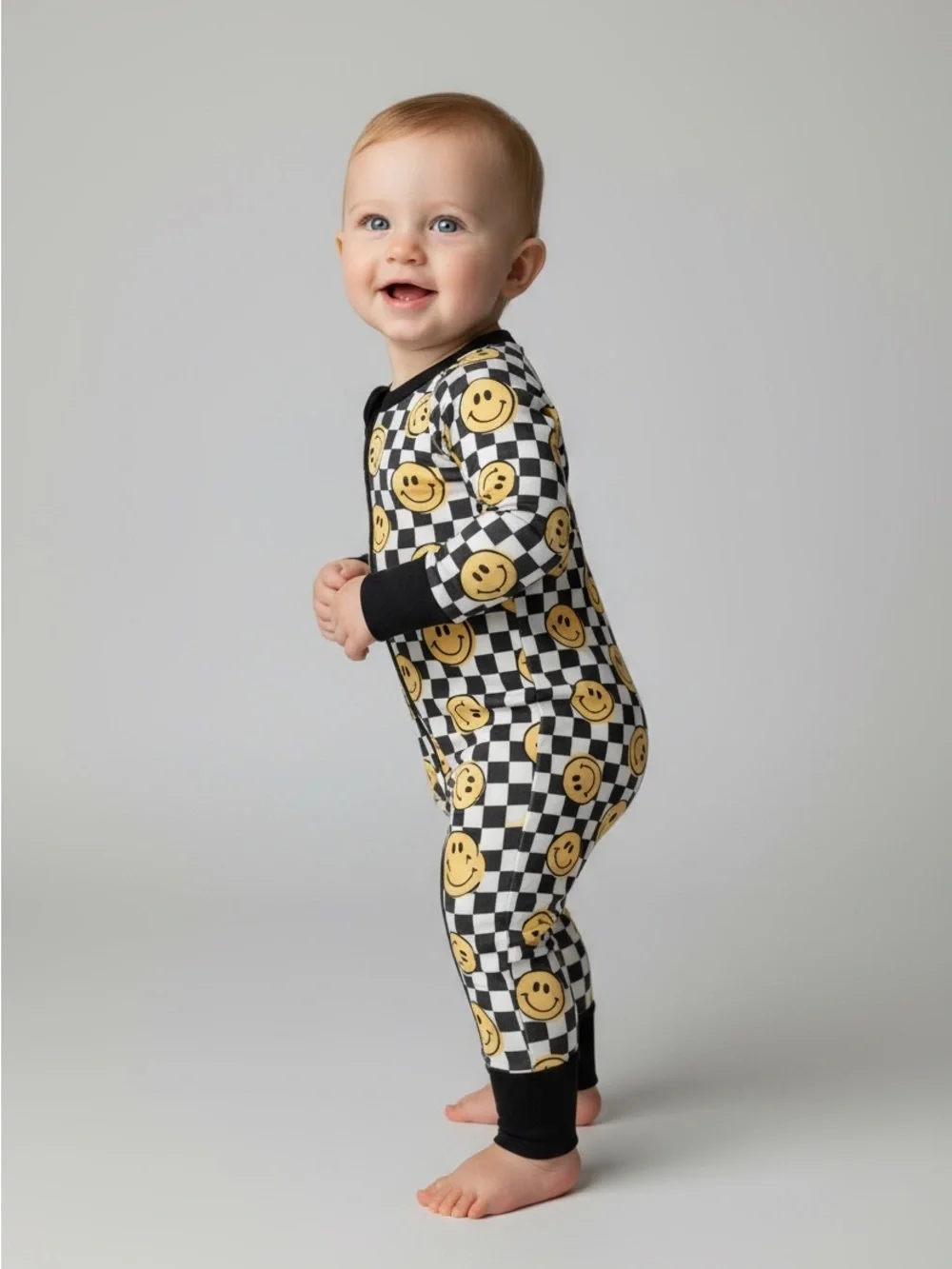Black & Yellow Smiley Checker One-Piece Pajamas - Kids